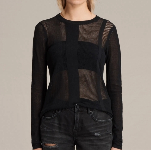 All Saints Sweaters - All Saints Sheer Striped Stretcg Black Knit Detail Top